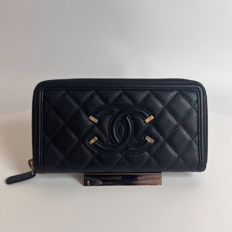 CHANEL CC filigreeㄇ拉長夾荔枝黑26開-0