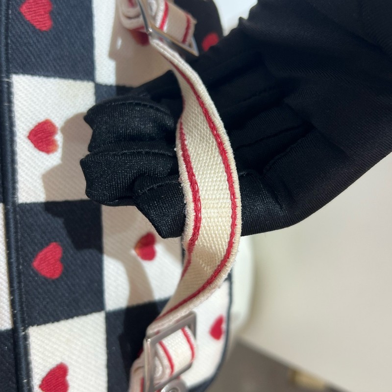 DIOR/迪奧 情人節限定 黑白格子配紅心刺繡 雙拉鏈設計 手提包斜背包 化妝包 低長18cm-8