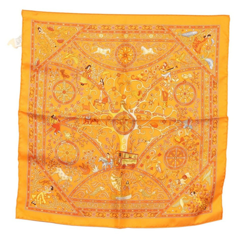 HERMES Gavroche 45 圍巾「Peuple du Vent」真絲橘色正品 sw1607