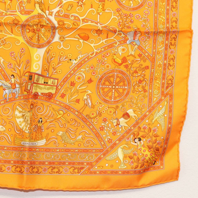 【日本直送】HERMES Gavroche 45 圍巾「Peuple du Vent」真絲橘色正品 sw1607-4