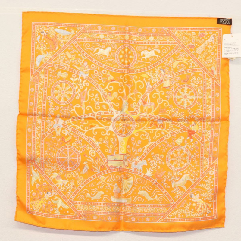 【日本直送】HERMES Gavroche 45 圍巾「Peuple du Vent」真絲橘色正品 sw1607-6