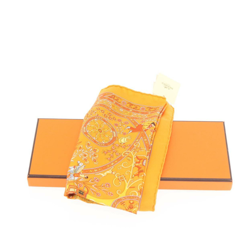 【日本直送】HERMES Gavroche 45 圍巾「Peuple du Vent」真絲橘色正品 sw1607-8