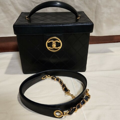 chanel 老香黑金化妝箱手提肩背包