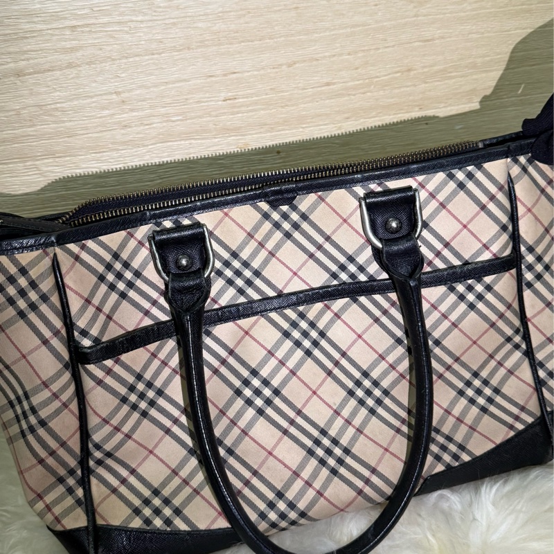 ✨ 閒置 出清 Burberry 格紋 手提包 經典 格紋 黑皮革 拼接 優雅 通勤包 復古 氣質 包包 二手 精品-0