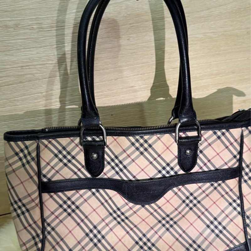 ✨ 閒置 出清 Burberry 格紋 手提包 經典 格紋 黑皮革 拼接 優雅 通勤包 復古 氣質 包包 二手 精品-2