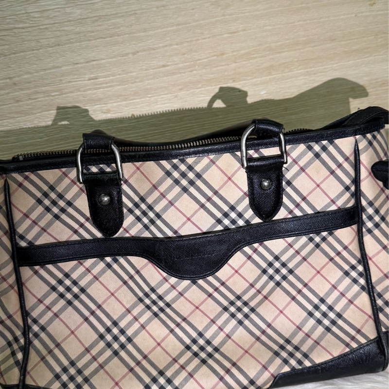 ✨ 閒置 出清 Burberry 格紋 手提包 經典 格紋 黑皮革 拼接 優雅 通勤包 復古 氣質 包包 二手 精品-3