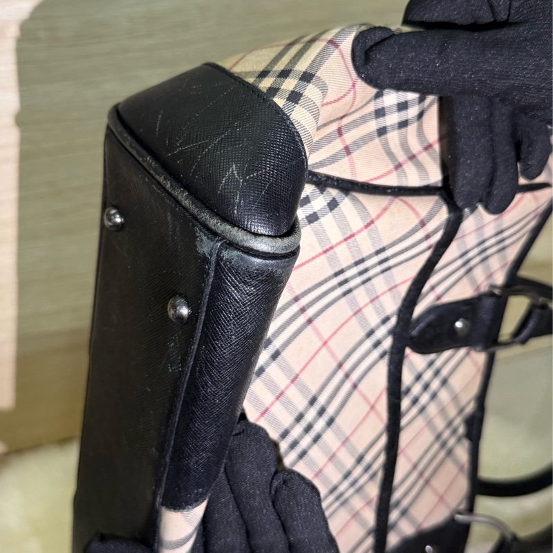 ✨ 閒置 出清 Burberry 格紋 手提包 經典 格紋 黑皮革 拼接 優雅 通勤包 復古 氣質 包包 二手 精品-5
