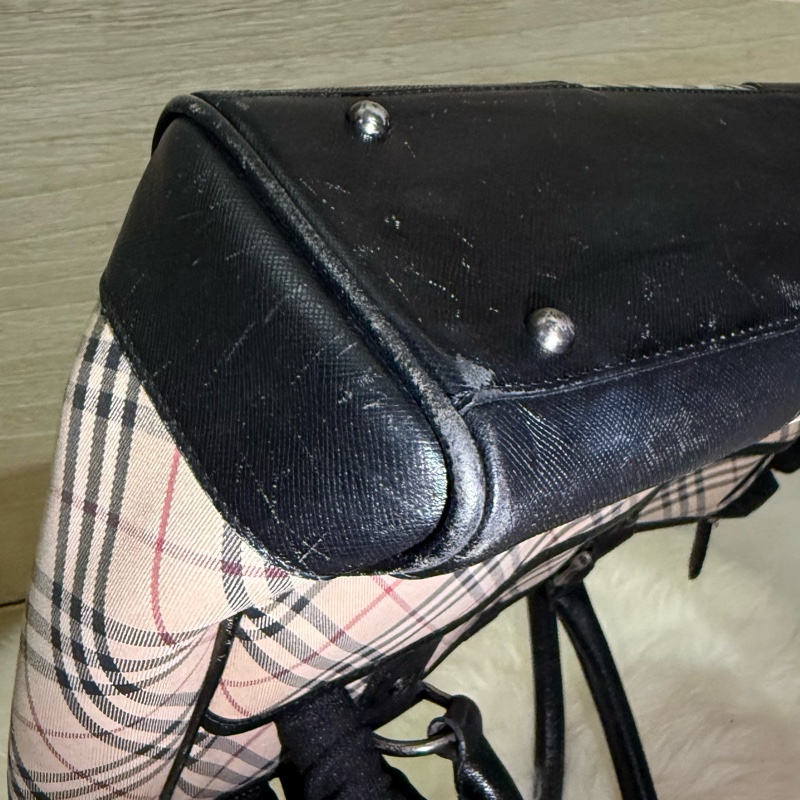 ✨ 閒置 出清 Burberry 格紋 手提包 經典 格紋 黑皮革 拼接 優雅 通勤包 復古 氣質 包包 二手 精品-8