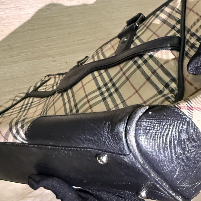 ✨ 閒置 出清 Burberry 格紋 手提包 經典 格紋 黑皮革 拼接 優雅 通勤包 復古 氣質 包包 二手 精品-9