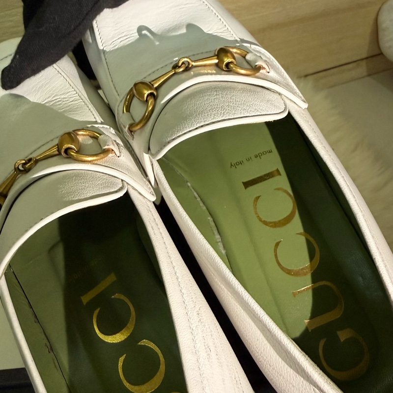 ✨ 閒置 出清 Gucci 白色 厚底 樂福鞋 金馬銜扣 真皮 女鞋 經典 義大利 精品 GUCCI 方頭 高跟鞋-7