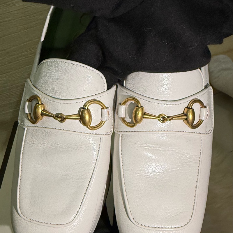 ✨ 閒置 出清 Gucci 白色 厚底 樂福鞋 金馬銜扣 真皮 女鞋 經典 義大利 精品 GUCCI 方頭 高跟鞋-8