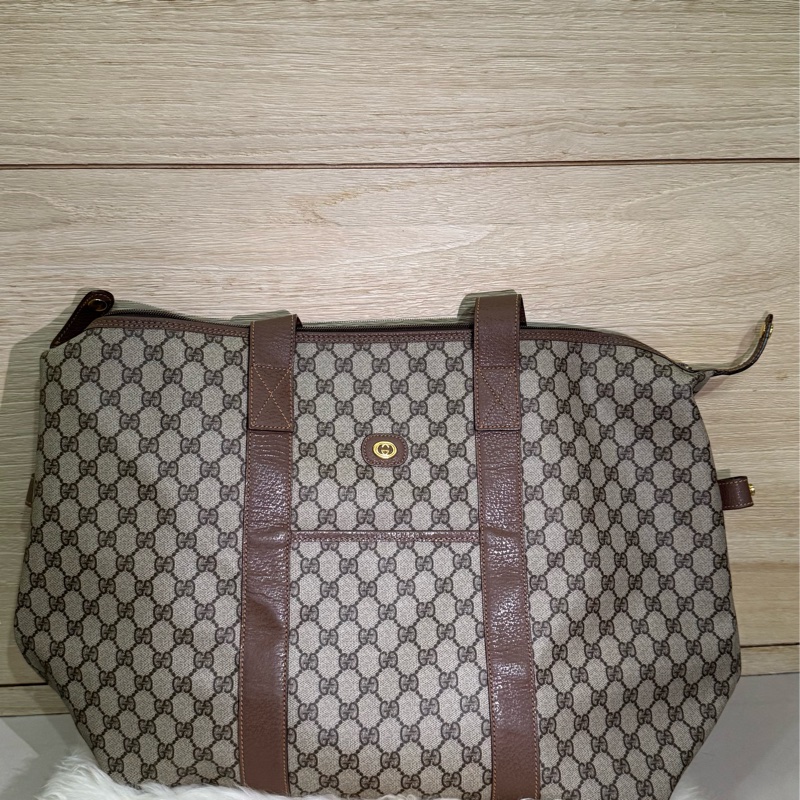 ✨ 閒置 出清 Gucci 經典 GG LOGO 旅行袋 40cm 棕色 帆布 拼皮 大容量 行李包 手提包 登機包 精品 二手-0
