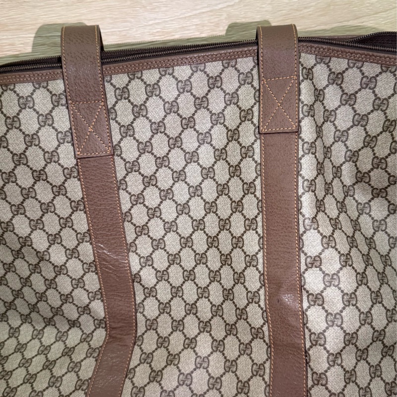 ✨ 閒置 出清 Gucci 經典 GG LOGO 旅行袋 40cm 棕色 帆布 拼皮 大容量 行李包 手提包 登機包 精品 二手-5