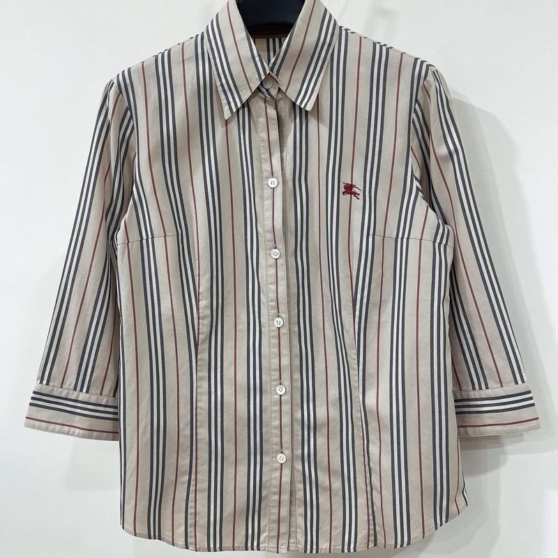 Burberry 倫敦 經典色直條戰馬七分袖襯杉-0
