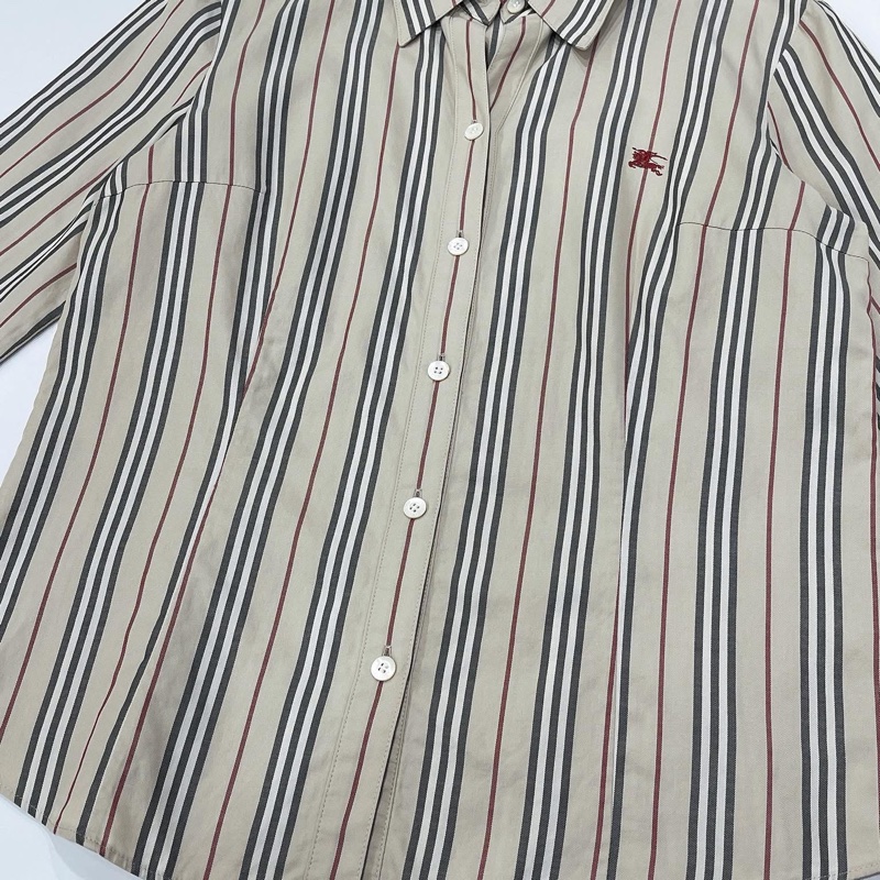 Burberry 倫敦 經典色直條戰馬七分袖襯杉-6