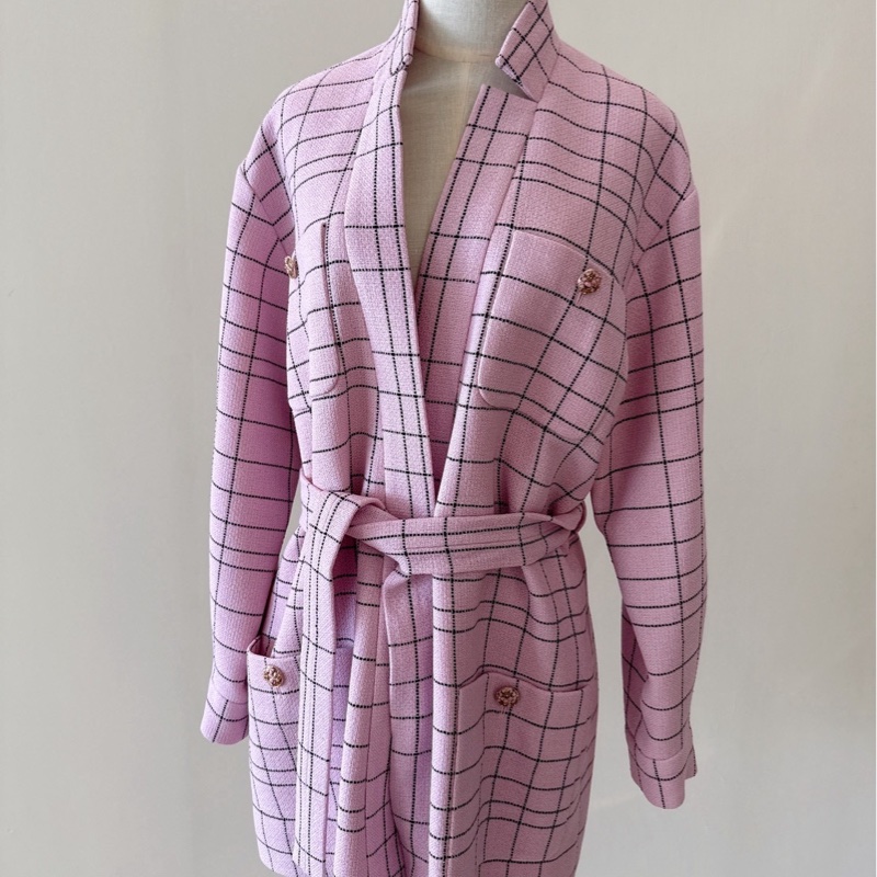 CHANEL 粉色格紋腰帶羊毛外套 36碼 全新品-0