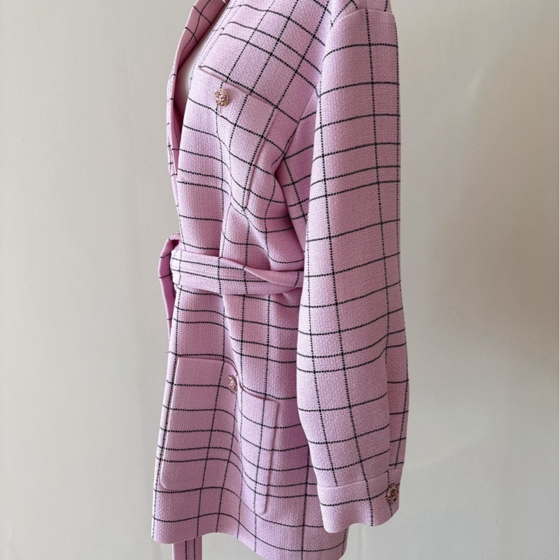 CHANEL 粉色格紋腰帶羊毛外套 36碼 全新品-1