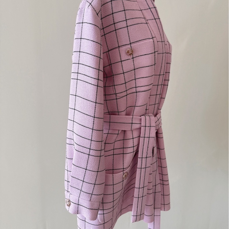 CHANEL 粉色格紋腰帶羊毛外套 36碼 全新品-2