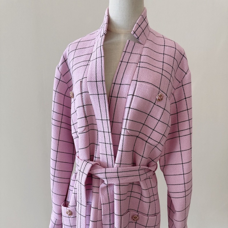 CHANEL 粉色格紋腰帶羊毛外套 36碼 全新品-3