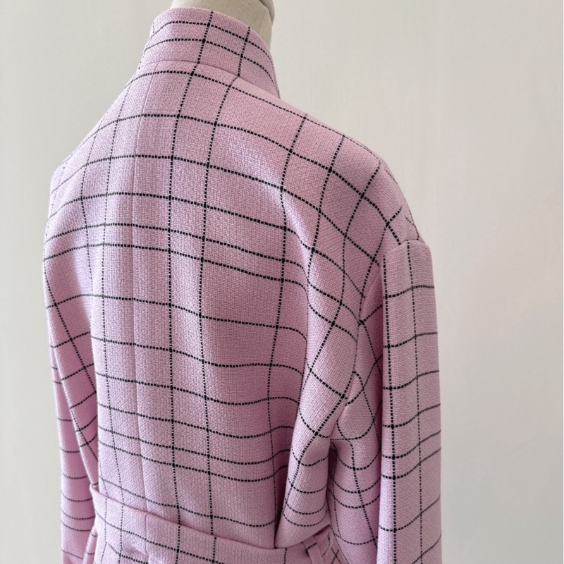 CHANEL 粉色格紋腰帶羊毛外套 36碼 全新品-4