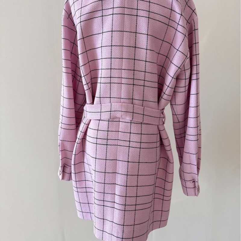 CHANEL 粉色格紋腰帶羊毛外套 36碼 全新品-6