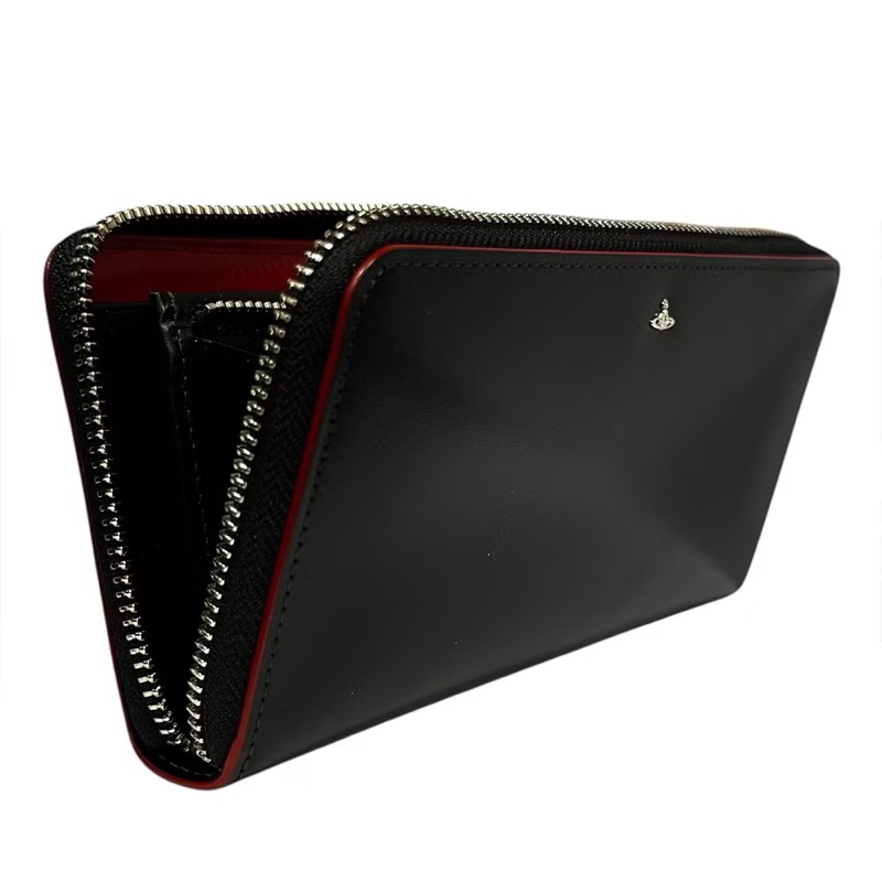 Vivienne Westwood 金屬立體土星LOGO滑面皮革紅邊多卡拉鏈長夾 黑色-4