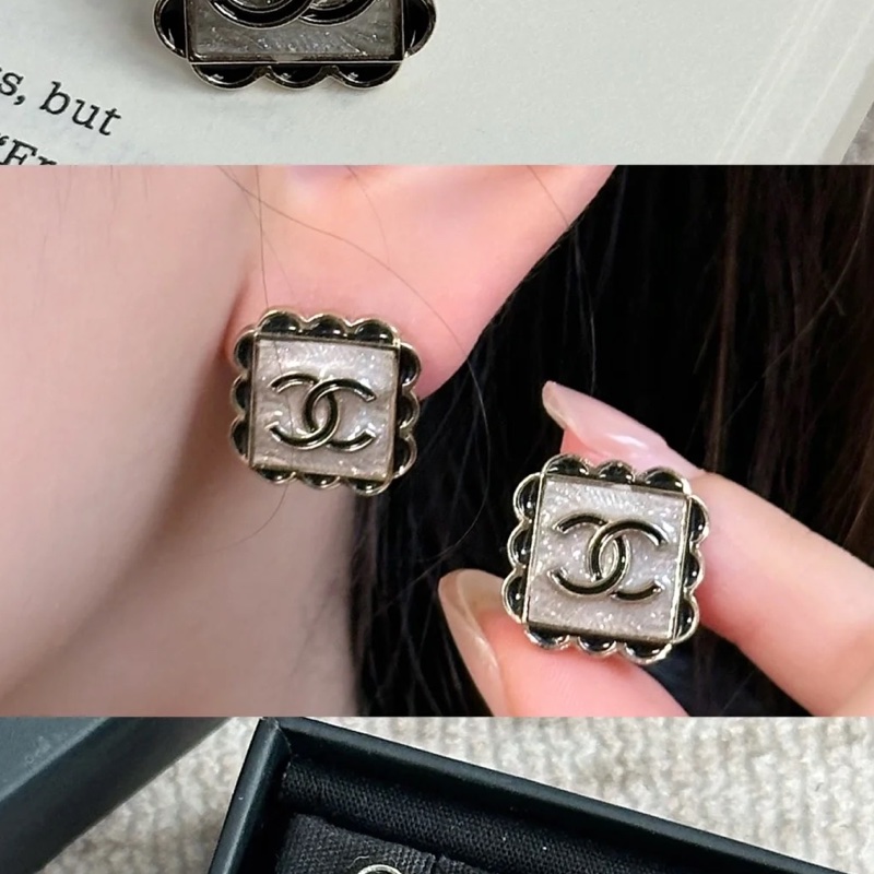 Chanel香奈兒雙Clogo琺瑯蕾絲耳釘耳環🦢-3