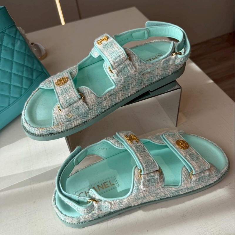 CHANEL 湖水綠格紋毛呢涼鞋 🩴39.5 💚🩵-2