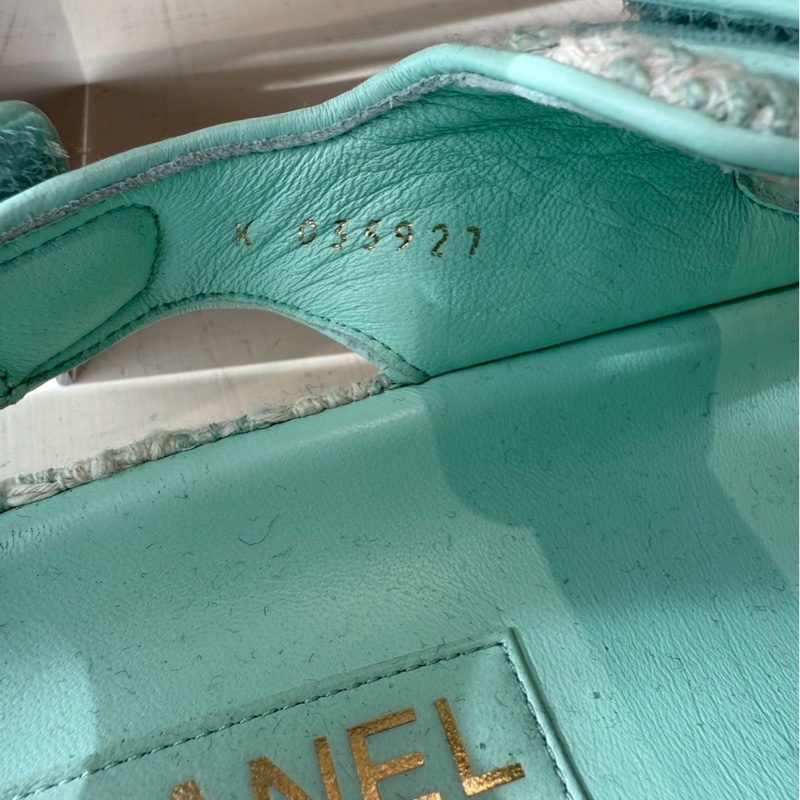 CHANEL 湖水綠格紋毛呢涼鞋 🩴39.5 💚🩵-3