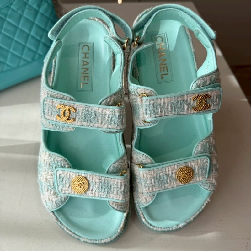 CHANEL 湖水綠格紋毛呢涼鞋 🩴39.5 💚🩵-4