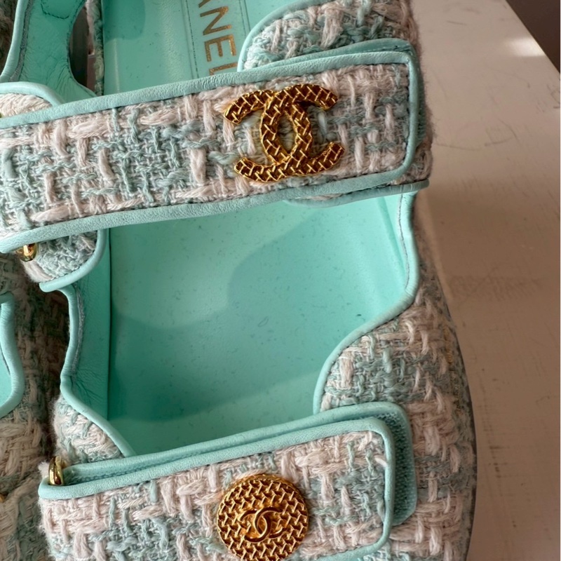 CHANEL 湖水綠格紋毛呢涼鞋 🩴39.5 💚🩵-6