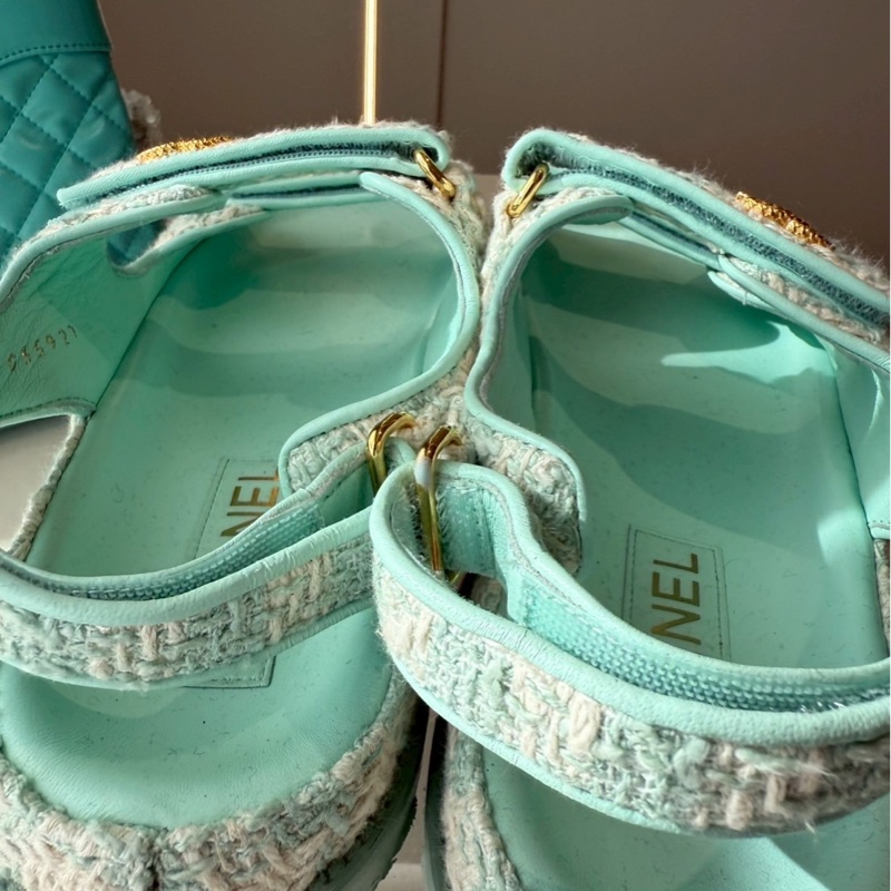 CHANEL 湖水綠格紋毛呢涼鞋 🩴39.5 💚🩵-10