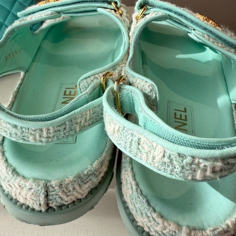 CHANEL 湖水綠格紋毛呢涼鞋 🩴39.5 💚🩵-11