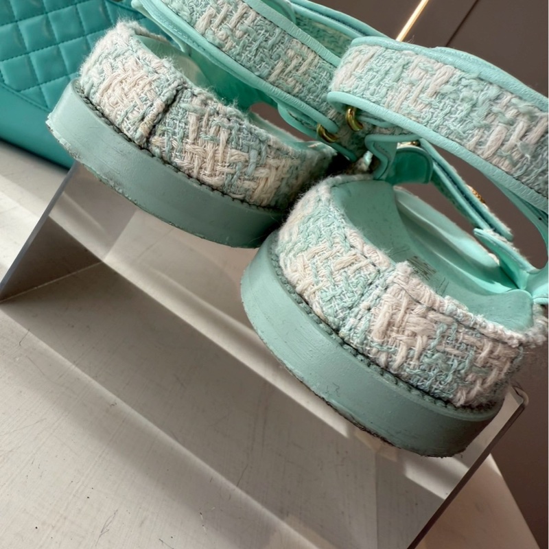 CHANEL 湖水綠格紋毛呢涼鞋 🩴39.5 💚🩵-12