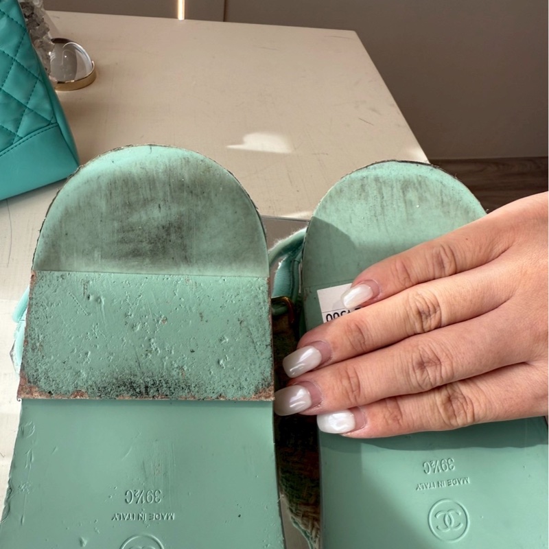 CHANEL 湖水綠格紋毛呢涼鞋 🩴39.5 💚🩵-15