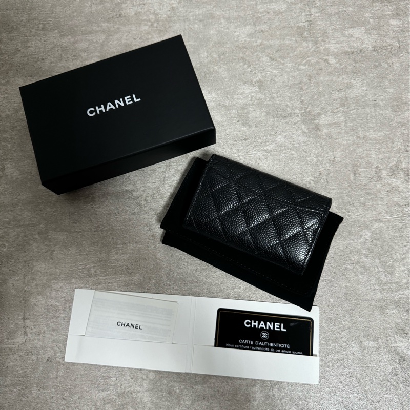 正品 Chanel 經典款黑銀荔枝皮卡夾包-1