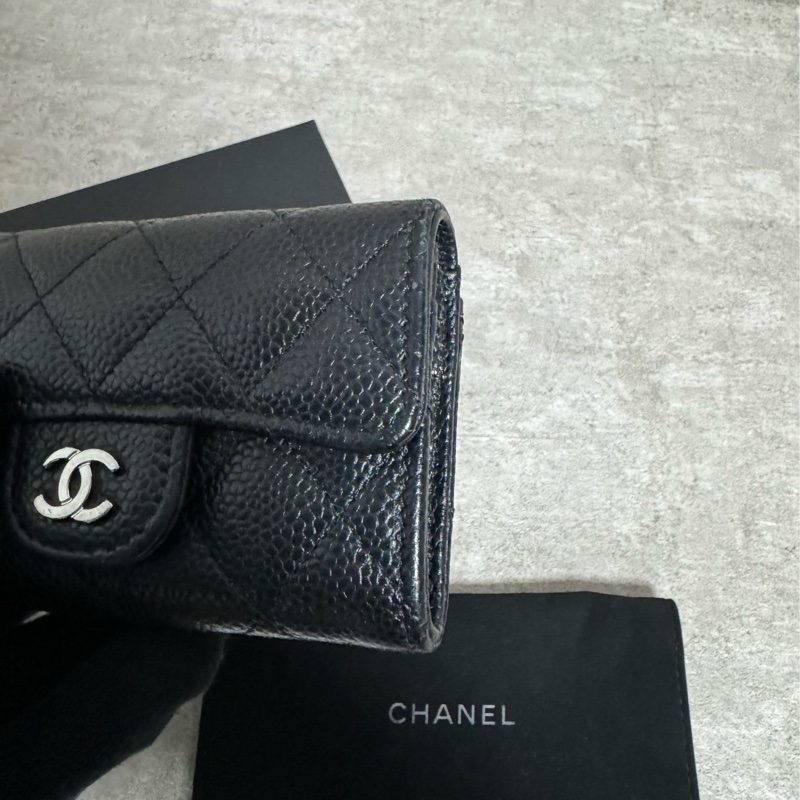 正品 Chanel 經典款黑銀荔枝皮卡夾包-4