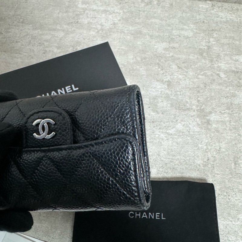 正品 Chanel 經典款黑銀荔枝皮卡夾包-5