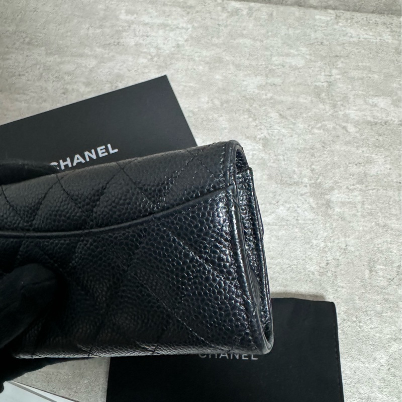 正品 Chanel 經典款黑銀荔枝皮卡夾包-6