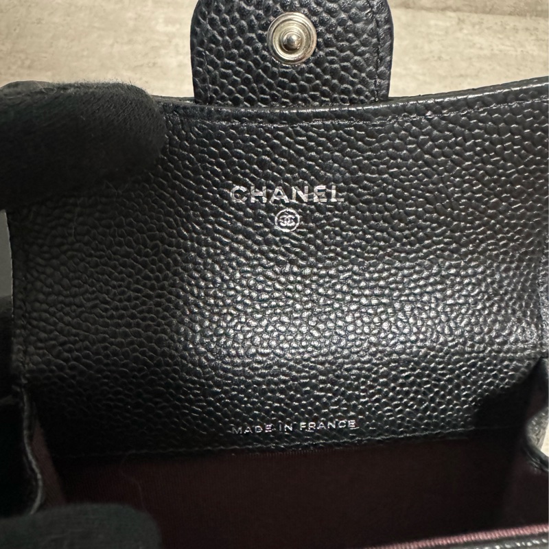 正品 Chanel 經典款黑銀荔枝皮卡夾包-8