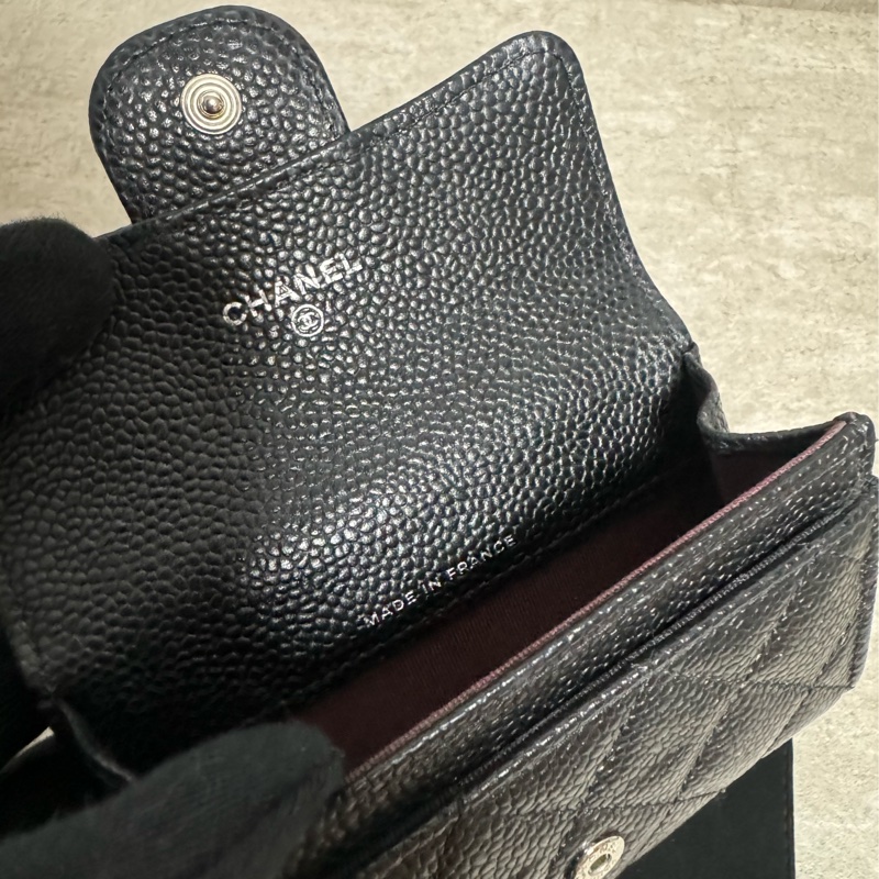 正品 Chanel 經典款黑銀荔枝皮卡夾包-9
