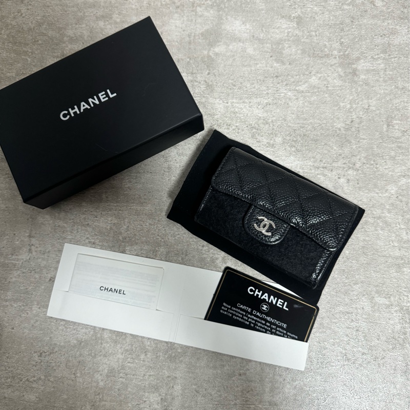 正品 Chanel 經典款黑銀荔枝皮卡夾包-13