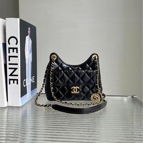 閒置🆕 Chanel/香奈兒天貓精靈黑色油蠟皮金扣 hobo 包，小號尺寸：19*17*6cm
