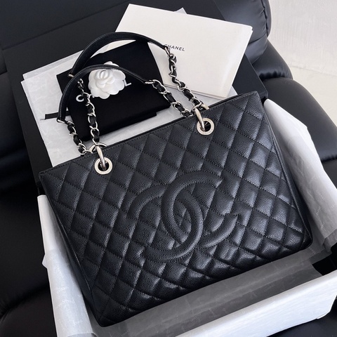 【近新閒置品】Chanel 香奈兒 gst 黑銀 荔枝紋皮15開肩背鏈條包