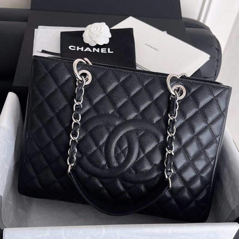【近新閒置品】Chanel 香奈兒 gst 黑銀 荔枝紋皮15開肩背鏈條包-1