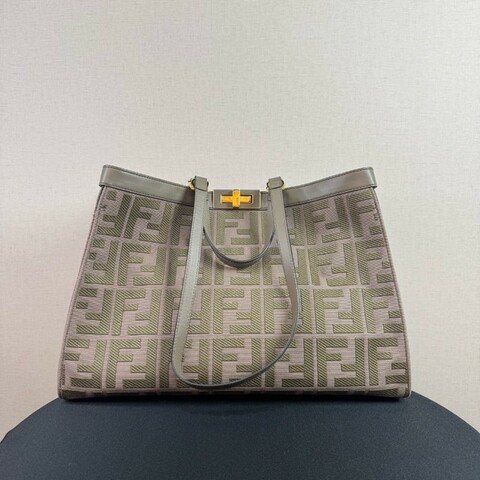 Fendi PeekabooX-Tote系列 孟晚舟同款 灰色金扣 老花Logo帆布包托特包Tote包購物袋手提包肩背包