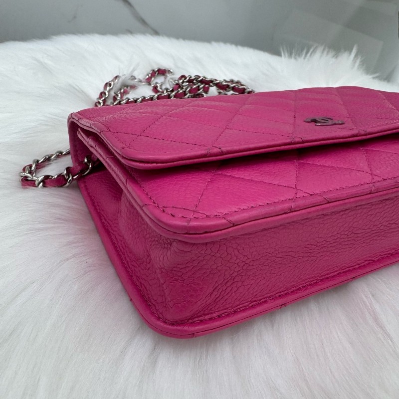 Chanel 粉色WOC發財包口蓋包銀扣鏈條包 肩背包斜背包-11