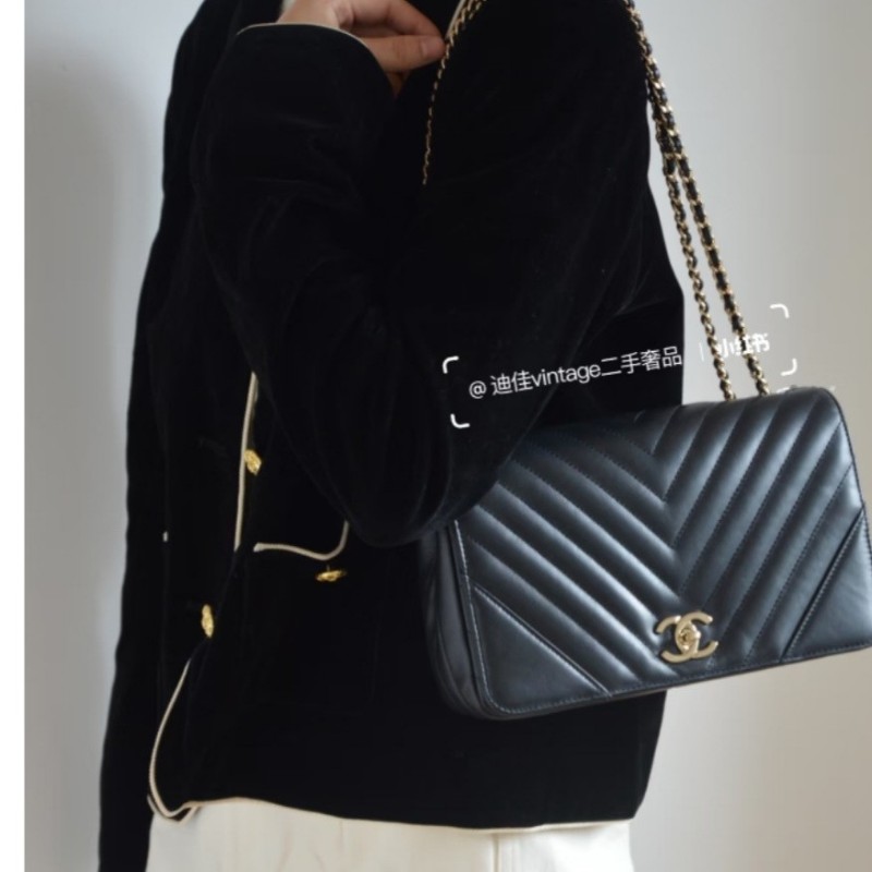 香奈兒 Chanel cf20 黑色牛皮黑金山型紋 v紋 掀蓋包-2