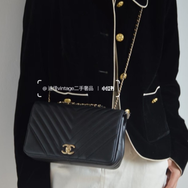 香奈兒 Chanel cf20 黑色牛皮黑金山型紋 v紋 掀蓋包-3