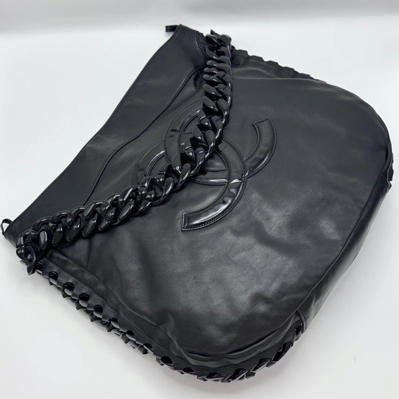 CHANEL 黑色雙C大LOGO滾邊粗鏈條肩背腋下包41*40*11 98新-4